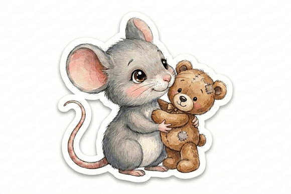 Adorable Mouse Hugging Teddy Bear Sticker