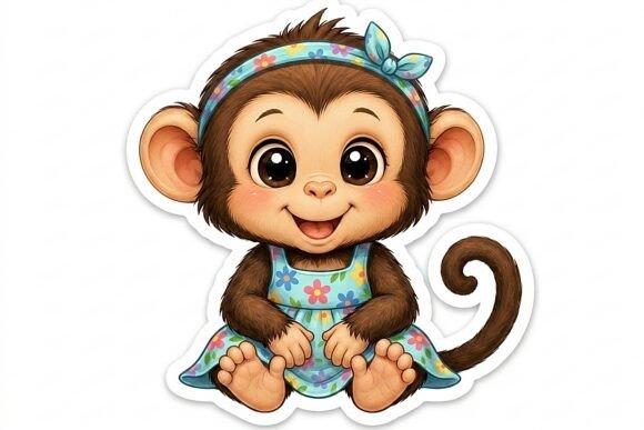 Cute Baby Monkey Girl in Blue Dress Stic