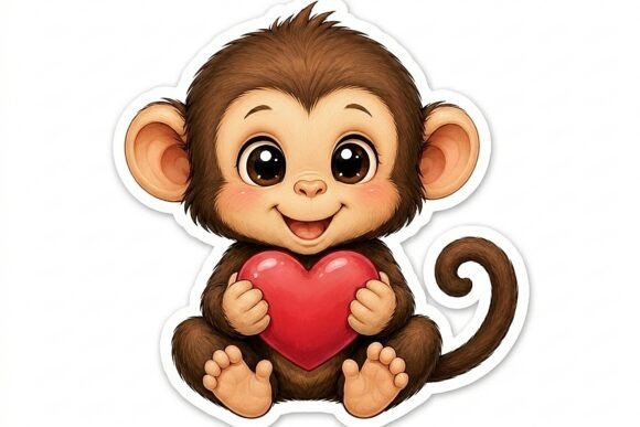 Cute Baby Monkey Holding Heart Sticker