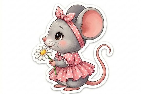 Cute Mouse Girl with Flower Sticker PNG