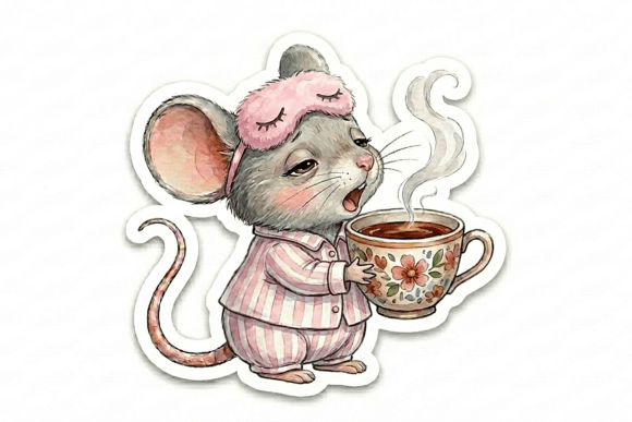 Sleepy Mouse with Coffee Cup. Pajamas